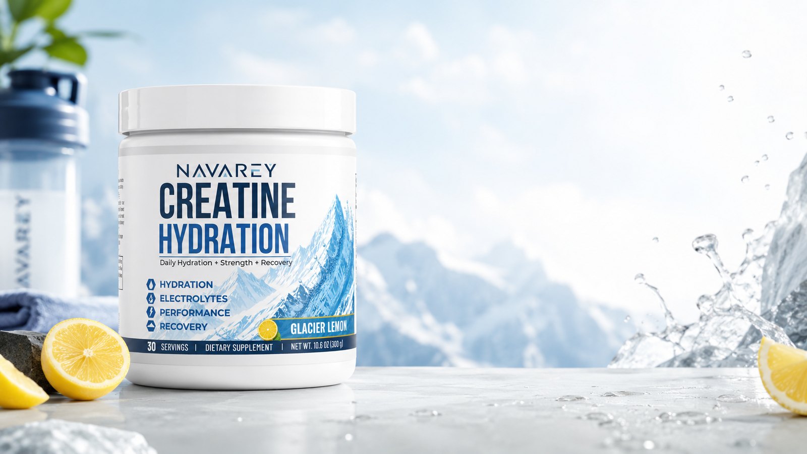NAVAREY tub with lemons, water splash, and mountain-inspired background