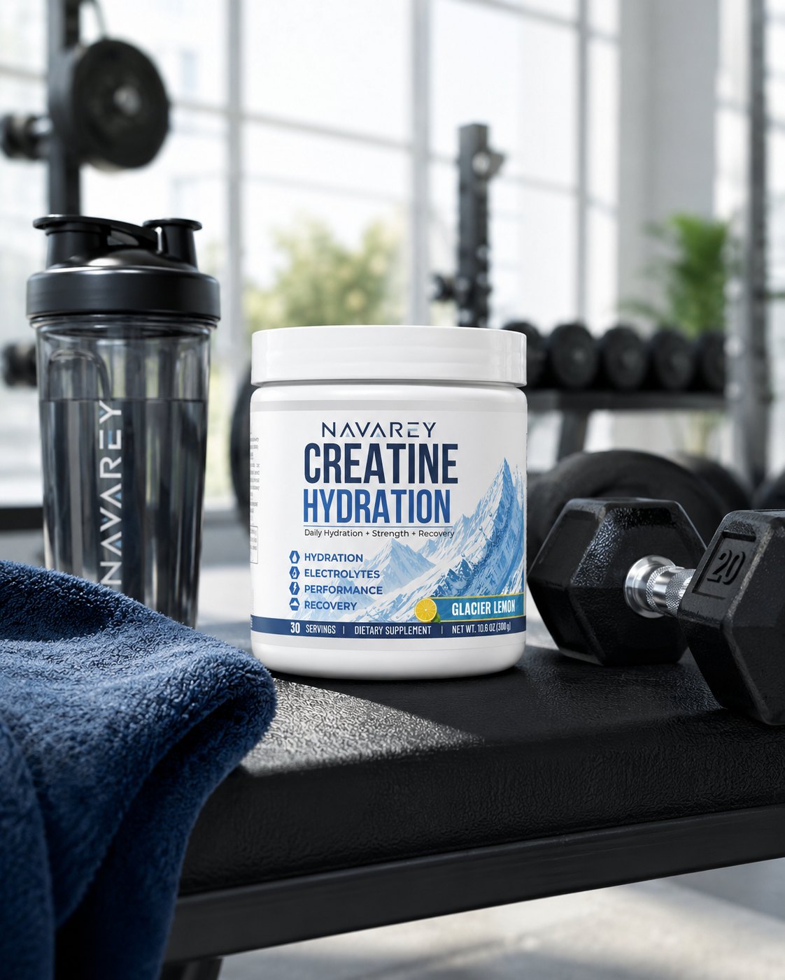 NAVAREY tub in a gym setting with towel and shaker