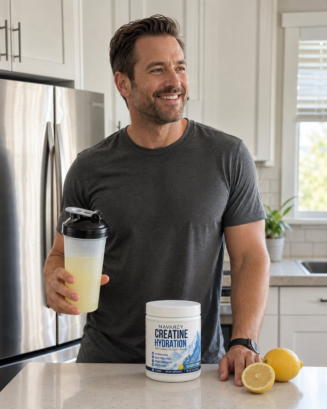 Man holding Glacier Lemon drink beside NAVAREY tub