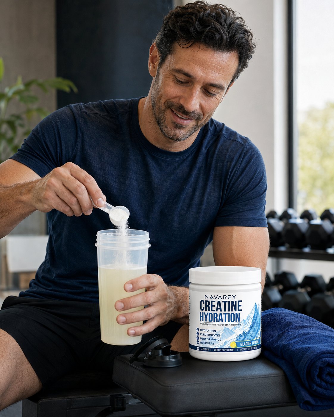 Man scooping NAVAREY into a shaker in a gym
